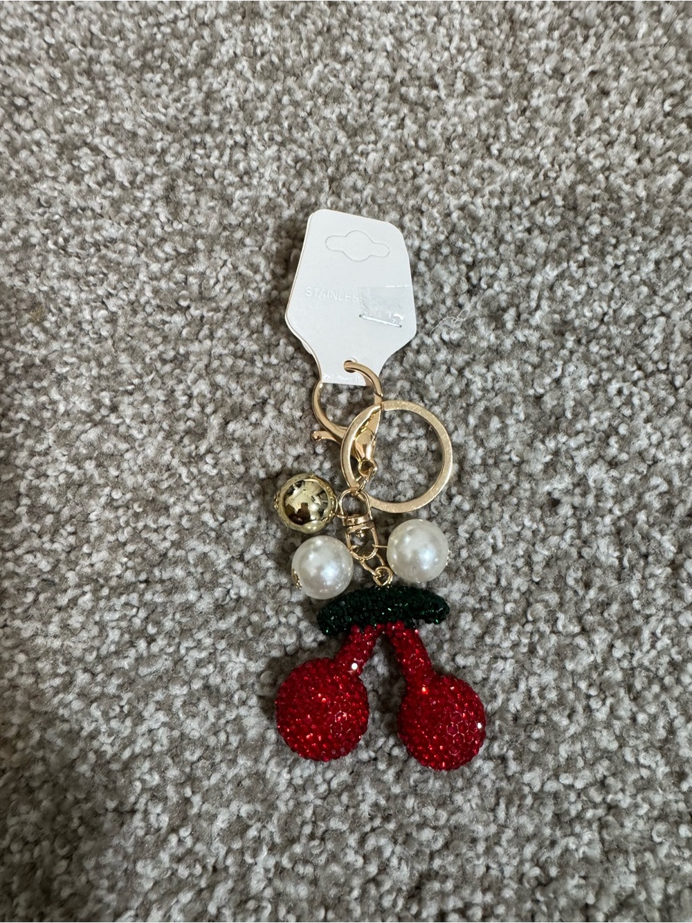 Gold Cherry Keychain or Bag Charm with Red Crystal Cherries - Unbranded